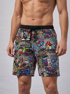 Marvel Comic Print Board Shorts Mens XL Lined Drawstring Beach Surf Heros